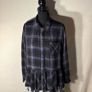 Mystree Casual Plaid Button-Down Shirt - Black and Blue-LADIES